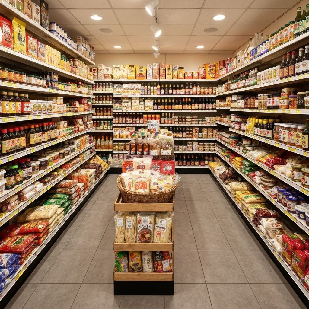 Well-stocked shelves at White Lotus Asian Food Market with colourful Asian products