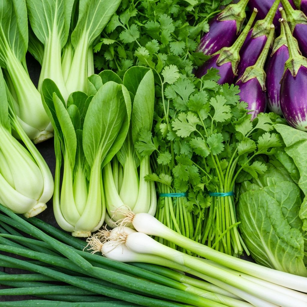 Fresh Asian vegetables and herbs including bok choy, gai lan, and exotic produce on a market display