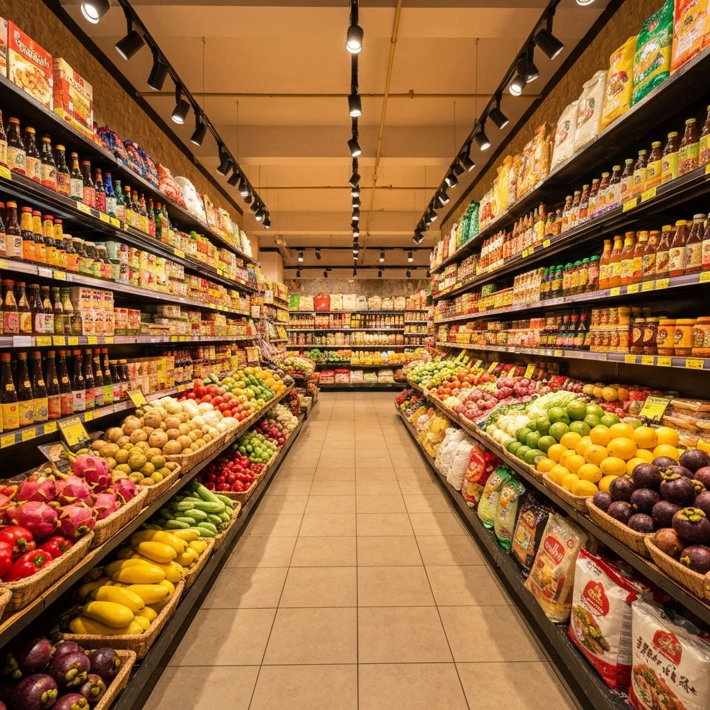 Colourful aisles of an Asian food market filled with fresh produce, sauces, and groceries