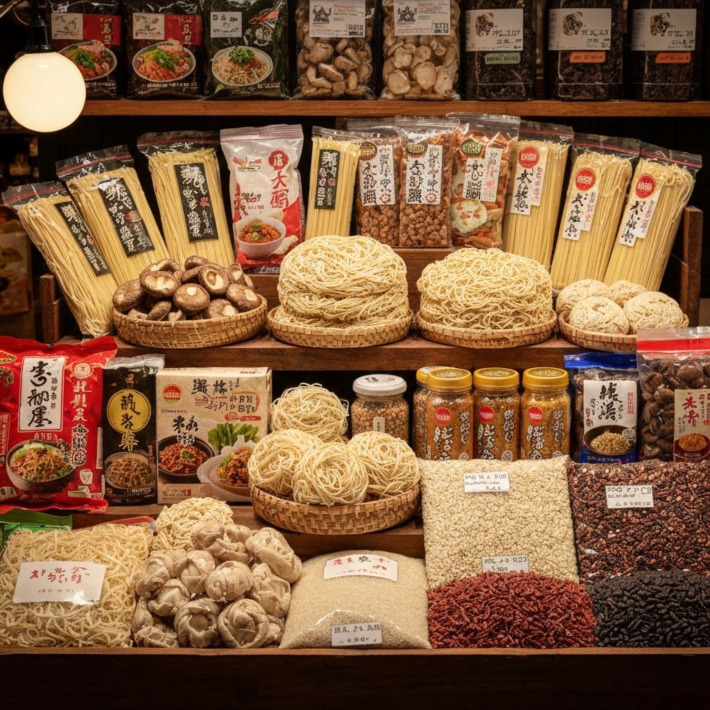 Varieties of Asian noodles and rice bags beautifully arranged in a market display