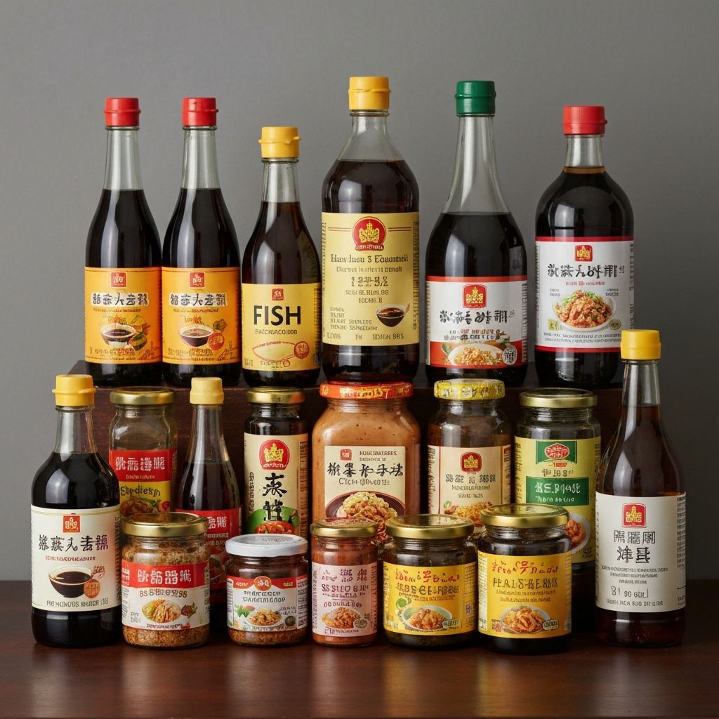 Array of Asian condiments and sauces neatly arranged including soy sauce, fish sauce, and oyster sauce